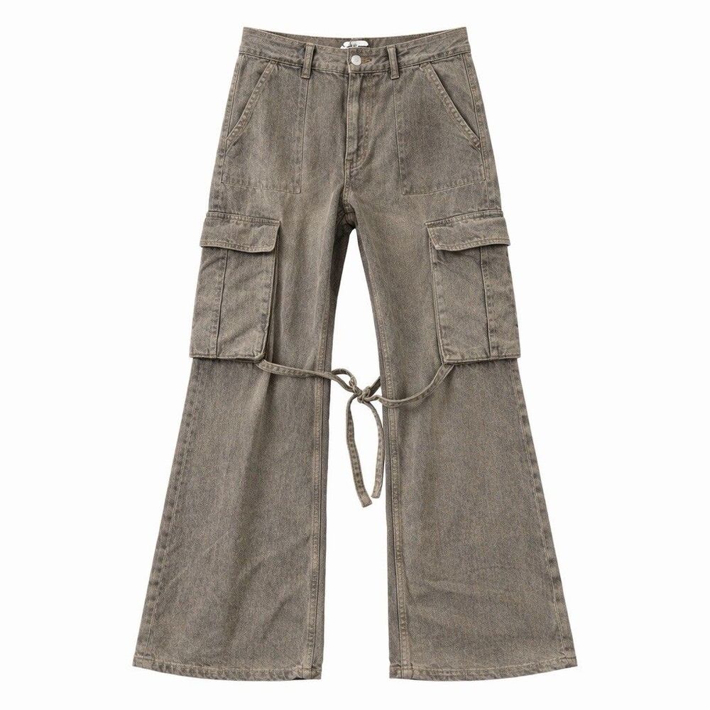 Zara Cargo Jeans Womens 6 Gray Wide Leg Utility Baggy Streetwear Y2K Pants